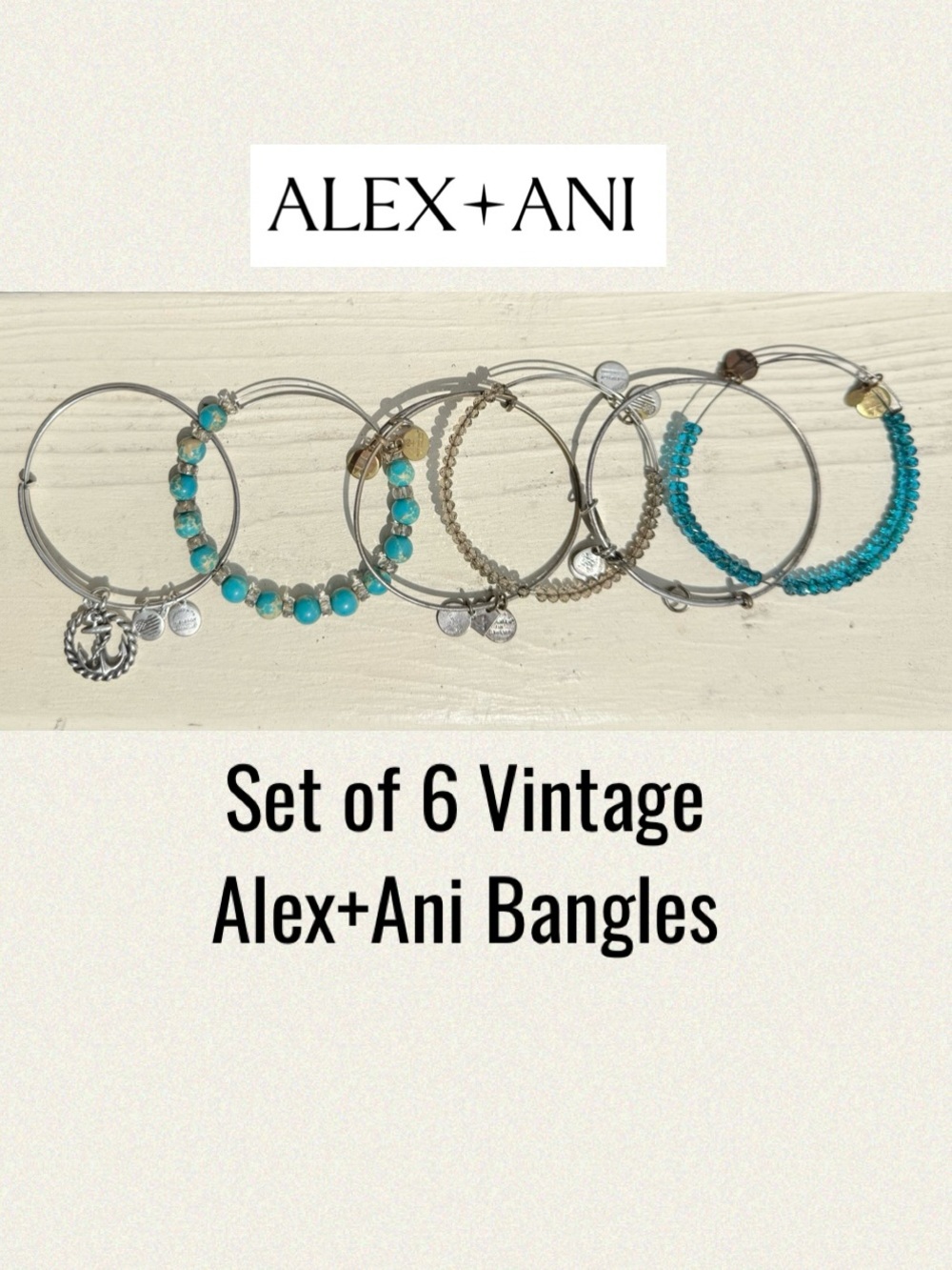 Vintage Alex and Ani Turquoise and Silver Beaded Bangle Bracelet Set of 6